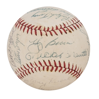 1961 World Champion New York Yankees Team Signed Yankees Logo Baseball With 25 Signatures Including Maris & Berra (JSA)